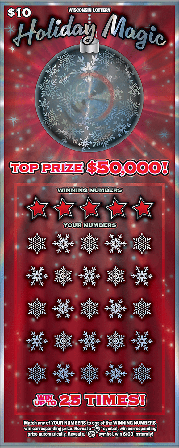 red shiny background with large hanging silver ornament and silver stars and snowflakes around it on scratch ticket from wisconsin lottery