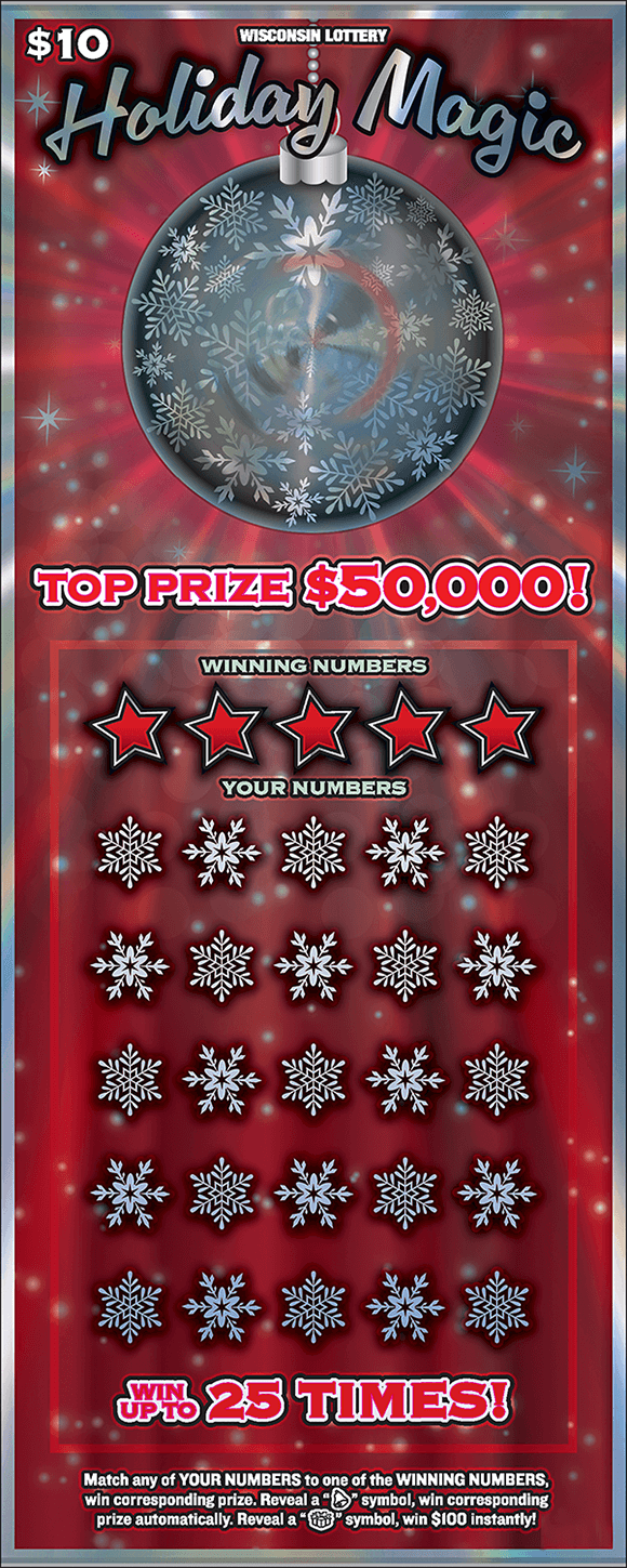 Holiday Magic Scratch Game red shiny background with large hanging silver ornament and silver stars and snowflakes around it on scratch ticket from wisconsin lottery