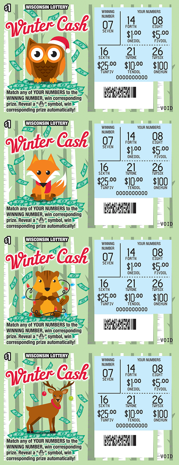 Winter Cash Scratch Game Green background with white trees and animals sitting on pile of money with money falling around them