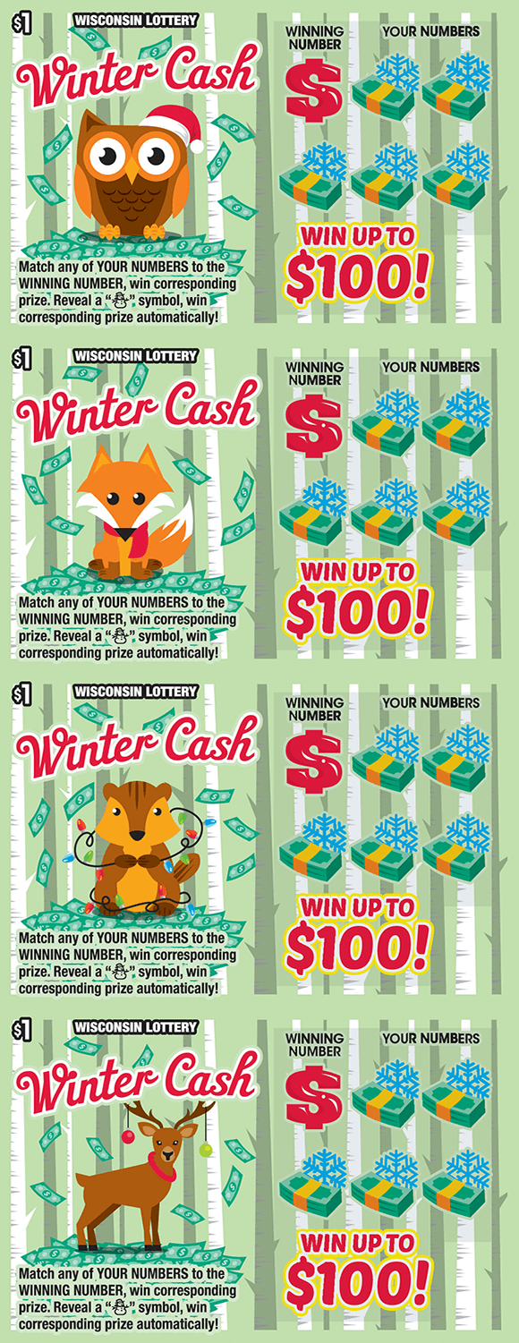 Winter Cash Scratch Game Green background with white trees and animals sitting on pile of money with money falling around them