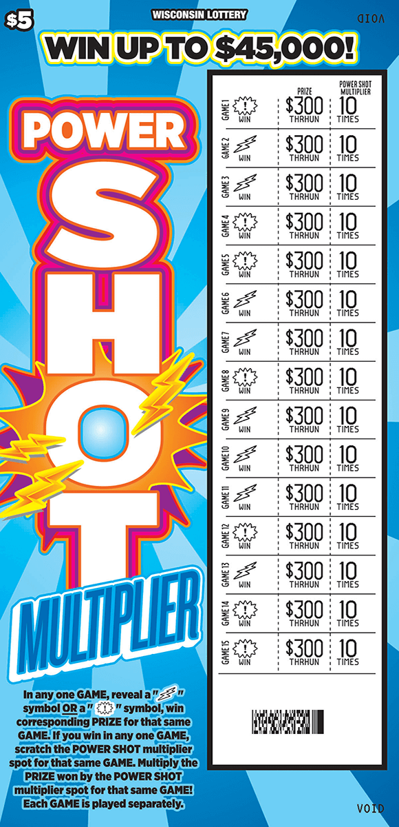 Power Shot Multiplier Scratch Game image of scratch ticket with light and dark blue striped background lightning bolts and stars play area is scratched revealing a white play area on scratch ticket from wisconsin lottery