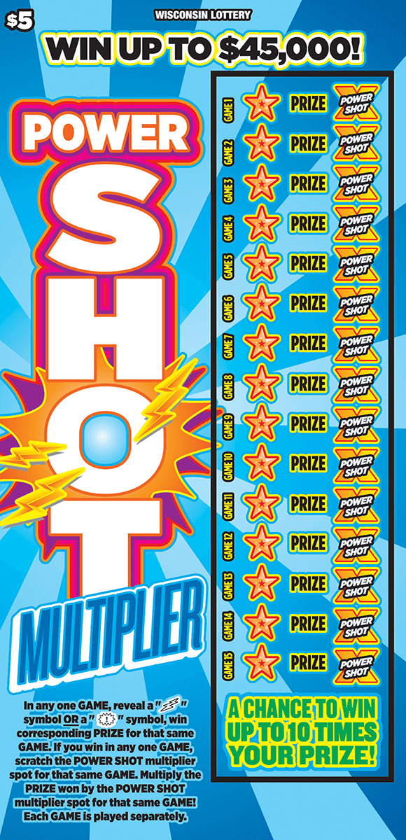 Power Shot Multiplier Scratch Game image of scratch ticket with light and dark blue striped background lightning bolts and stars on scratch ticket from wisconsin lottery