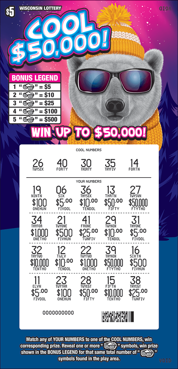 image of ticket with a large polar bear wearing sunglasses in a snowy mountain setting with snowflakes around and a scratched play area revealing a pink play area on scratch ticket from wisconsin lottery 