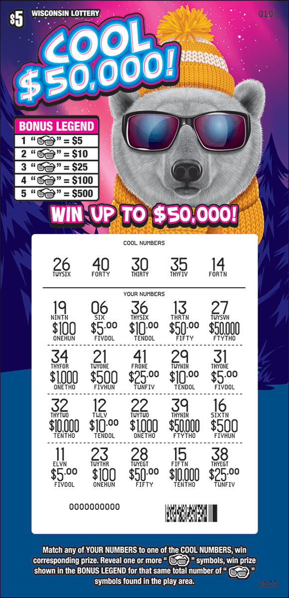 Cool $50,000 Scratch Game image of ticket with a large polar bear wearing sunglasses in a snowy mountain setting with snowflakes around and a scratched play area revealing a pink play area on scratch ticket from wisconsin lottery