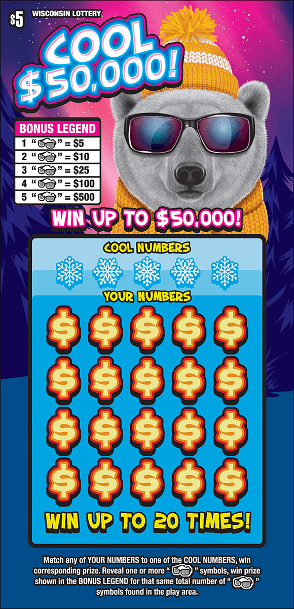 image of ticket with a large polar bear wearing sunglasses in a snowy mountain setting with snowflakes around on scratch ticket from wisconsin lottery 