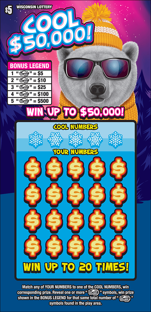 Cool $50,000 Scratch Game image of ticket with a large polar bear wearing sunglasses in a snowy mountain setting with snowflakes around on scratch ticket from wisconsin lottery