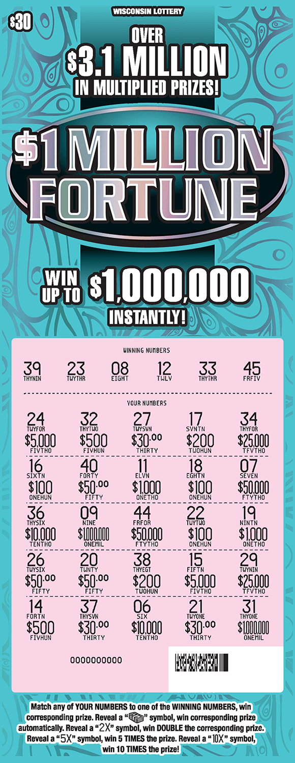 $1 Million Dollar Fortune Scratch Game blue ticket with shiny reflective silver numbers that are scratched off revealing pink play area on scratch ticket from wisconsin lottery