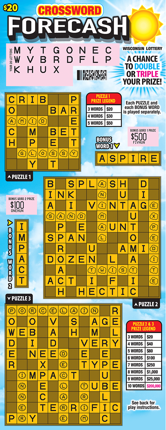 3 crossword grids with letters revealed in white with a blue sky background and an image of the sun on scratch ticket from wisconsin lottery