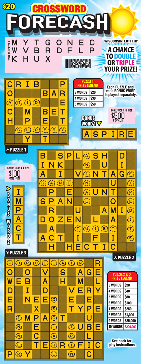 Crossword Fore Cash Scratch Game 3 crossword grids with letters revealed in white with a blue sky background and an image of the sun on scratch ticket from wisconsin lottery