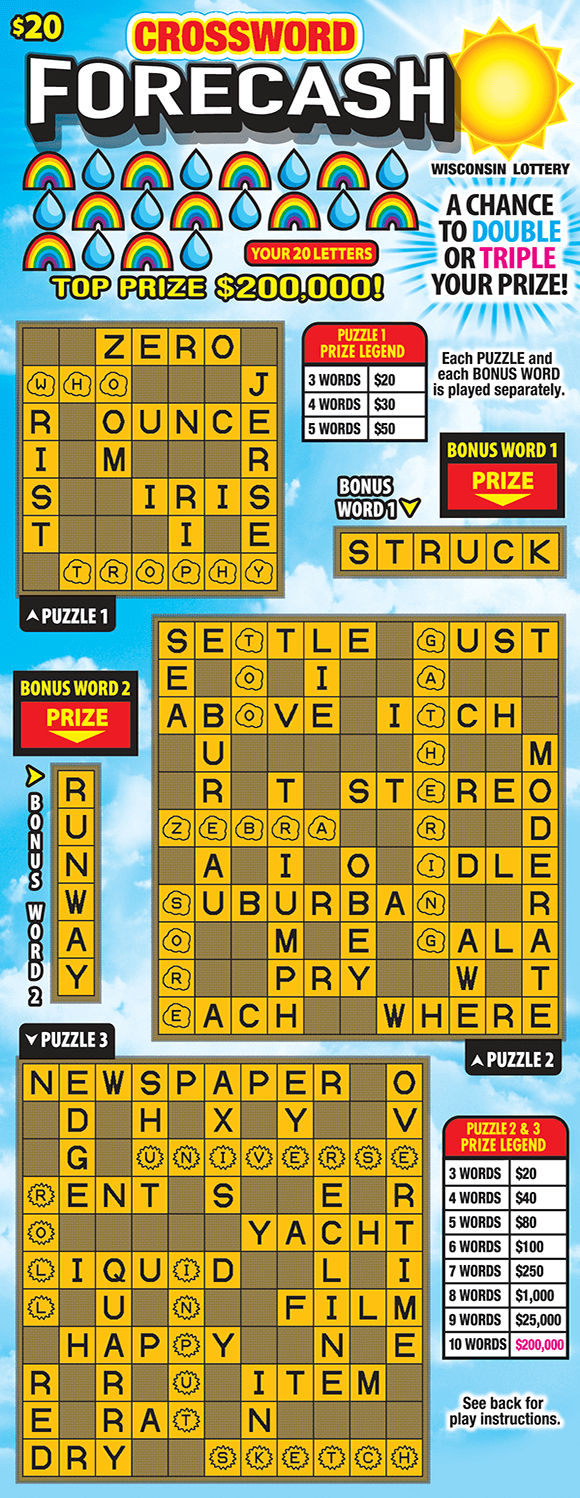 3 crossword grids with letters in yellow with a blue sky background and an image of the sun on scratch ticket from wisconsin lottery