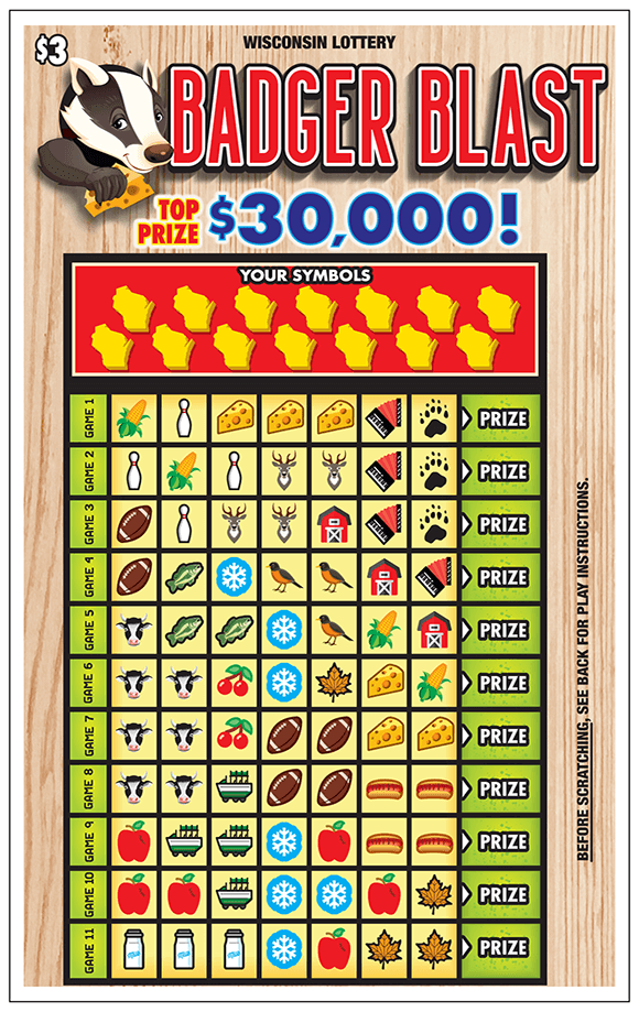 Badger Blast Ticket Picture of ticket with a chart containing many symbols to be scratched off including footballs, cherries, cows, barns, corn, apples, snowflakes, cheese, deer, leaves on scratch ticket from wisconsin lottery