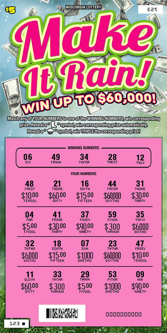 image of ticket with a rainy grassy background and images of $100 bills raining down, play area is scratched revealing a pink play area on scratch ticket from wisconsin lottery 