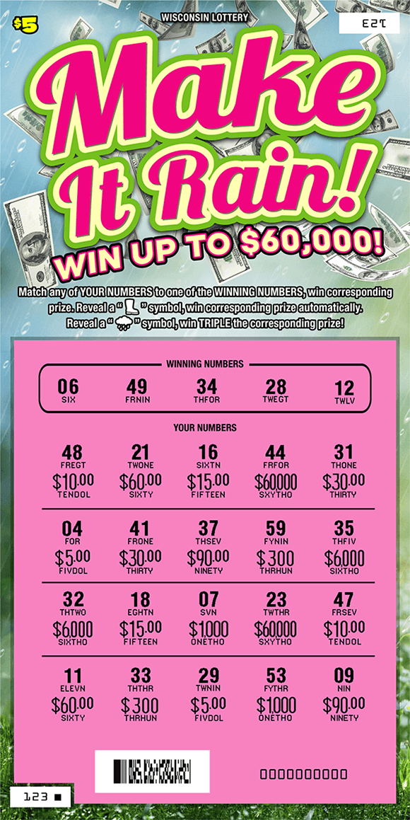Make It Rain Scratch Game image of ticket with a rainy grassy background and images of $100 bills raining down, play area is scratched revealing a pink play area on scratch ticket from wisconsin lottery