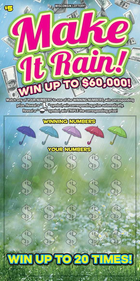 Make It Rain Scratch Game image of ticket with a rainy grassy background and images of $100 bills raining down, umbrellas are covering winning numbers on scratch ticket from wisconsin lottery