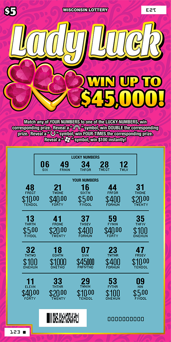 image of scratch ticket with all pink background and pink hearts with a scratched play area revealing blue play area on scratch ticket from wisconsin lottery 