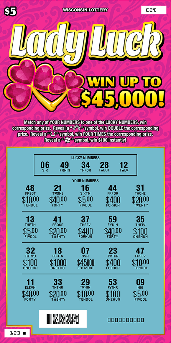 Lady Luck Scratch Game image of scratch ticket with all pink background and pink hearts with a scratched play area revealing blue play area on scratch ticket from wisconsin lottery