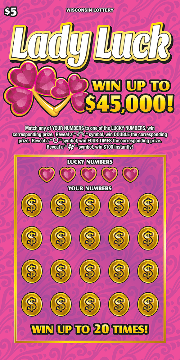 Lady Luck Scratch Game image of scratch ticket with all pink background and pink hearts on scratch ticket from wisconsin lottery