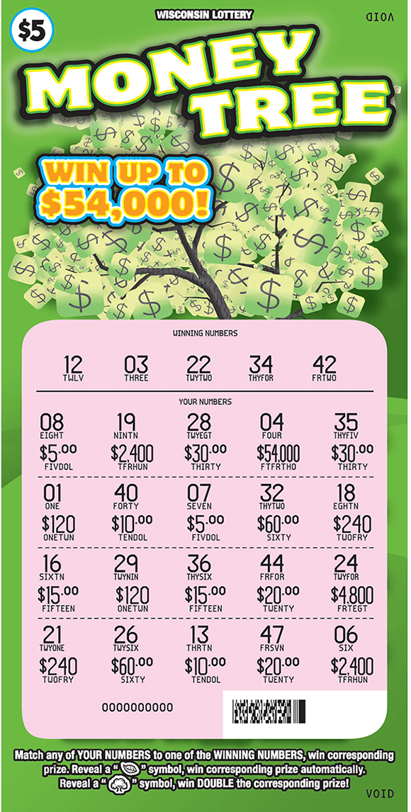 image of ticket with green background and a tree containing dollar bills as the leaves on the tree on scratch ticket from wisconsin lottery 