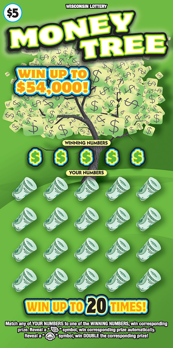 Money Tree Scratch Game image of ticket with green background and a tree containing dollar bills as the leaves on the tree on scratch ticket from wisconsin lottery