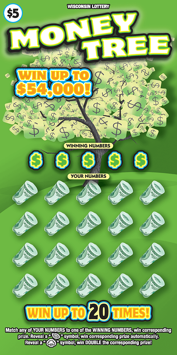 image of ticket with green background and a tree containing dollar bills as the leaves on the tree on scratch ticket from wisconsin lottery 