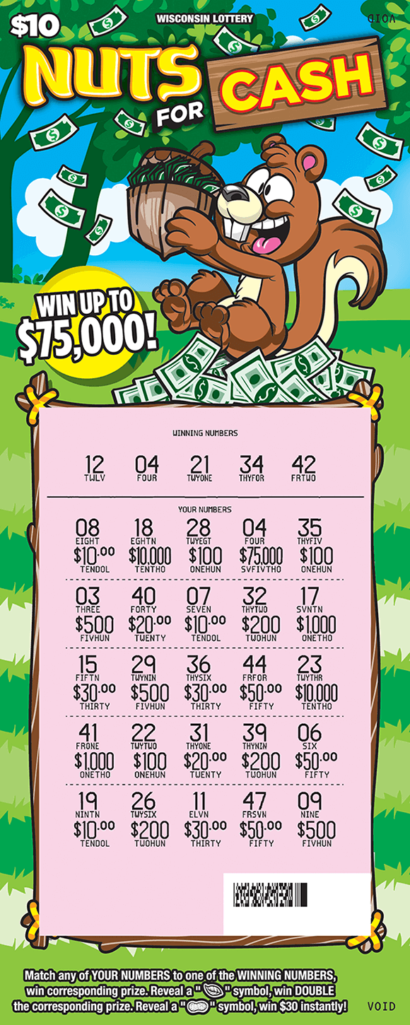 image of scratch ticket with a squirrel holding an acorn lying on grass with dollar bills in the acorn and around it on scratch ticket from wisconsin lottery 