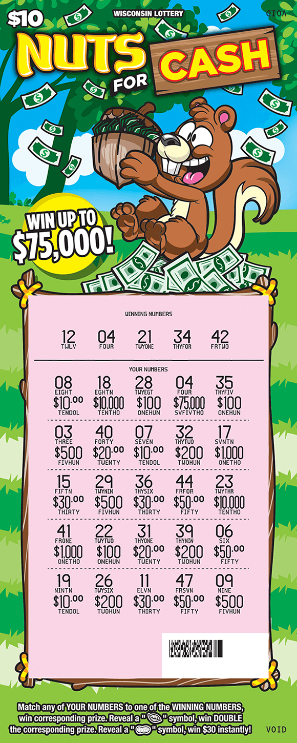 Nuts for Cash Scratch Game image of scratch ticket with a squirrel holding an acorn lying on grass with dollar bills in the acorn and around it on scratch ticket from wisconsin lottery