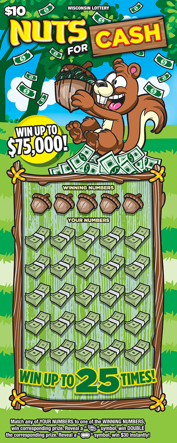 Nuts for Cash Scratch Game image of scratch ticket with a squirrel holding an acorn lying on grass with dollar bills in the acorn and around it on scratch ticket from wisconsin lottery