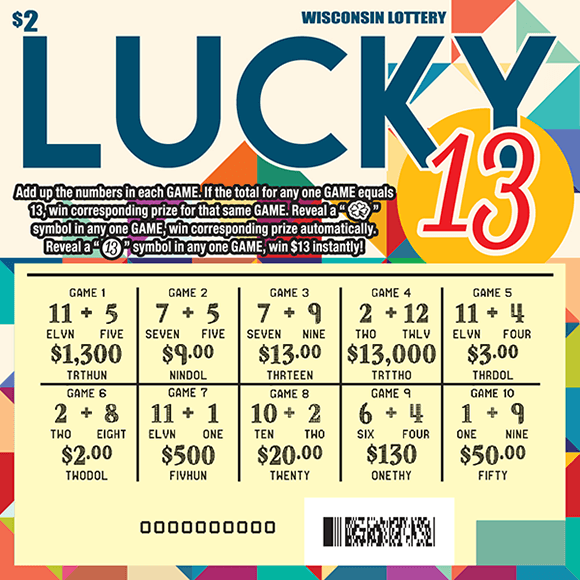 image of scratch ticket with colorful boxes on background of ticket with a 2 by 5 play area grid containing two numbers to be added together on scratch ticket from wisconsin lottery  