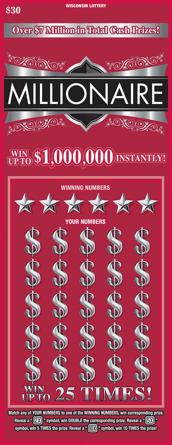 Millionaire Scratch Game red background white a silver shiny patterned header. scratch area is full off silver dollars bills to be scratched off on scratch ticket from wi lottery