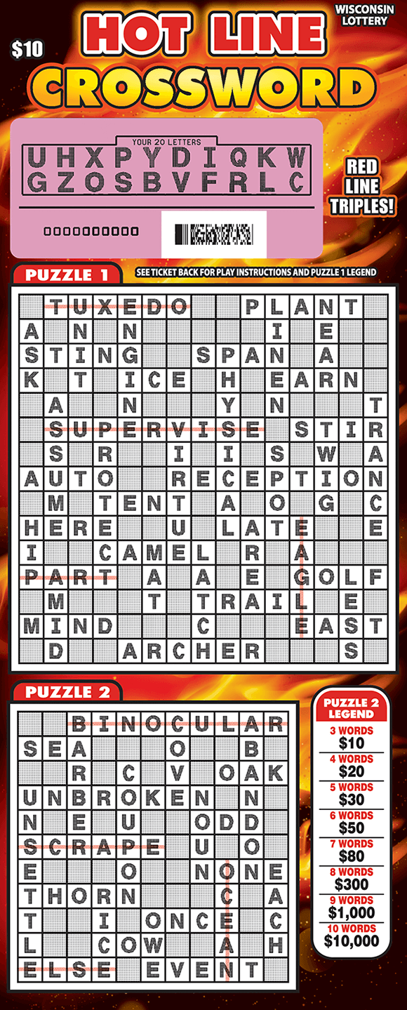 Hot Line Crossword Scratch Game image of scratch ticket with flames and fire in the background also containing two yellow crossword grids on scratch ticket from wisconsin lottery
