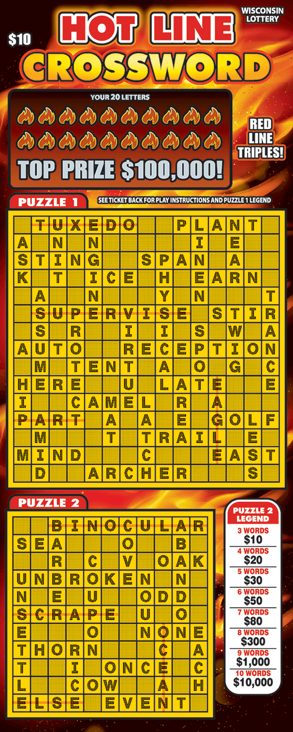 Hot Line Crossword Scratch Game image of scratch ticket with flames and fire in the background also containing two yellow crossword grids on scratch ticket from wisconsin lottery