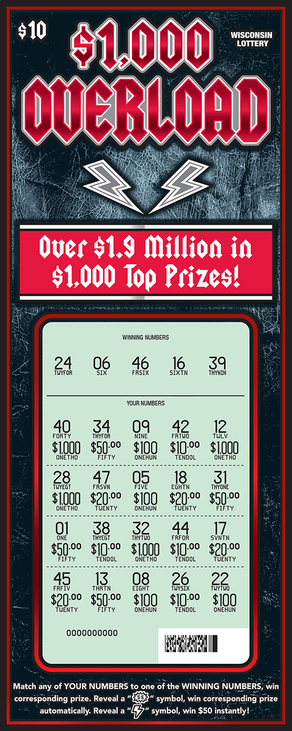 image of dark gray scratch ticket with red writing and lightning bolts and the play area is scratched to reveal the winning numbers and a white play area  on scratch ticket from wisconsin lottery