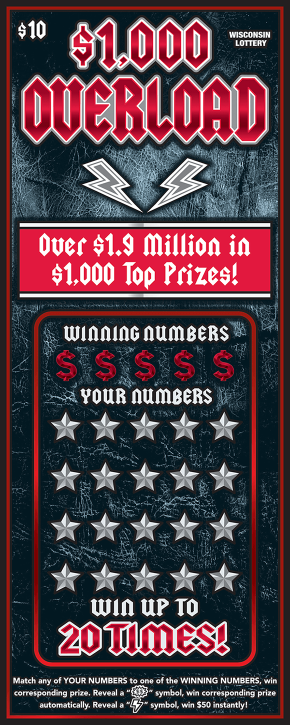 image of dark gray scratch ticket with red writing and lightning bolts as well as stars covering the winning numbers in the play area on scratch ticket from wisconsin lottery