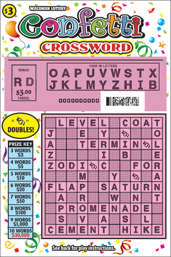 Confetti Crossword Scratch Game image of scratch ticket with a green crossword grid and images of confetti on the background of the ticket with a revealed pink play area showing letters on scratch ticket from wisconsin lottery