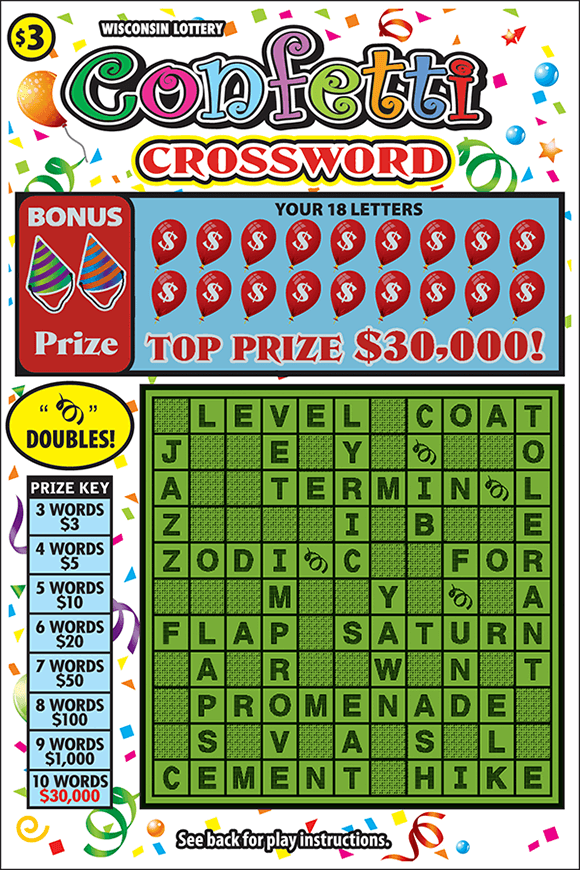 Confetti Crossword Scratch Game image of scratch ticket with a green crossword grid and images of confetti on the background of the ticket with balloons covering the non-revealed crossword letters on scratch ticket from wisconsin lottery