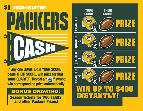 image of ticket with a gold background a the packers logo with images of footballs and football helmets with the packers g on them on scratch ticket from wisconsin lottery 