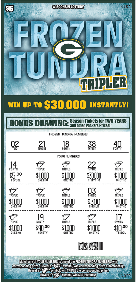 Frozen Tundra Scratch Game image of green bay packers ticket with green bay helmets covering the winning numbers and a frozen ice background on scratch ticket from wisconsin lottery