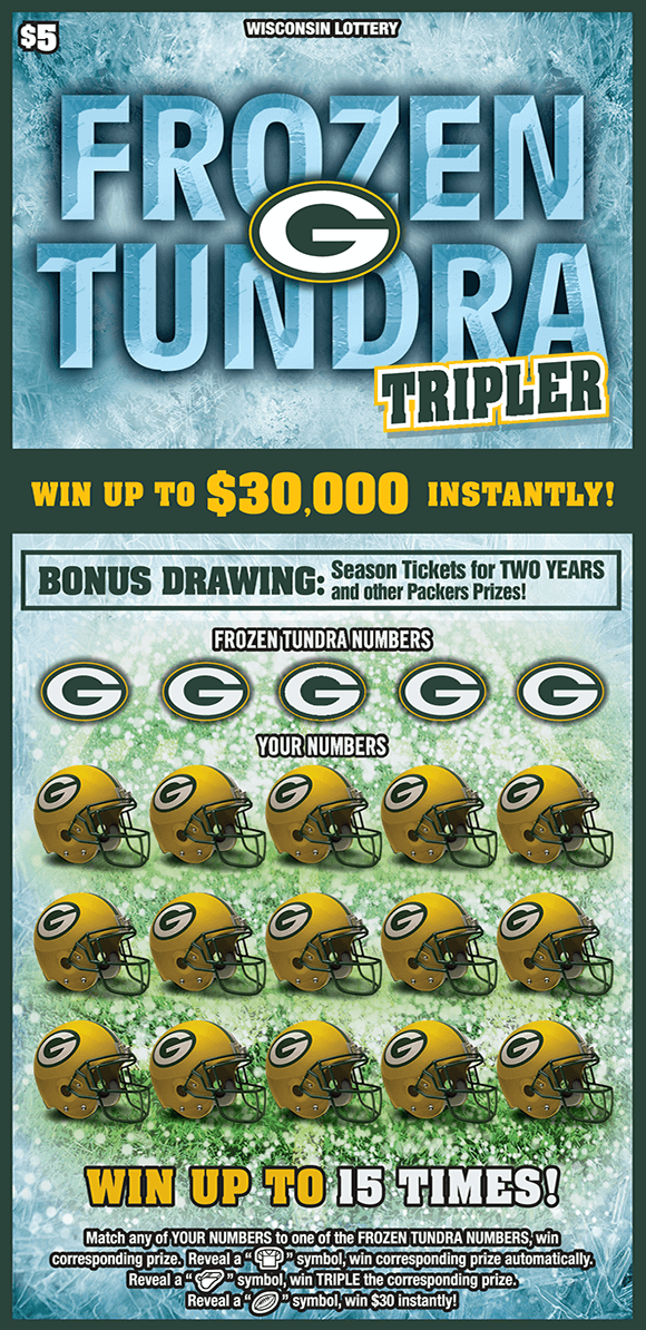 Frozen Tundra Scratch Game image of green bay packers ticket with green bay helmets covering the winning numbers and a frozen ice background on scratch ticket from wisconsin lottery