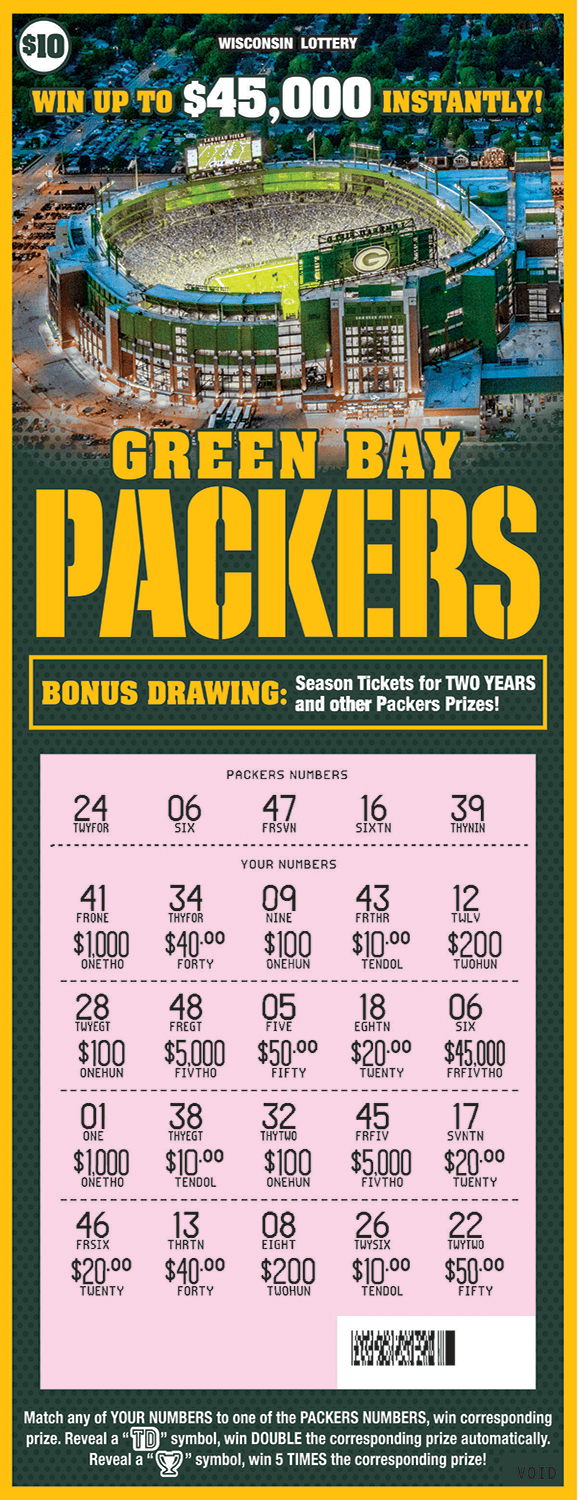 Green Bay Packers Scratch Game image of scratch ticket with green background and an image of lambeau field from above on scratch ticket from wisconsin lottery