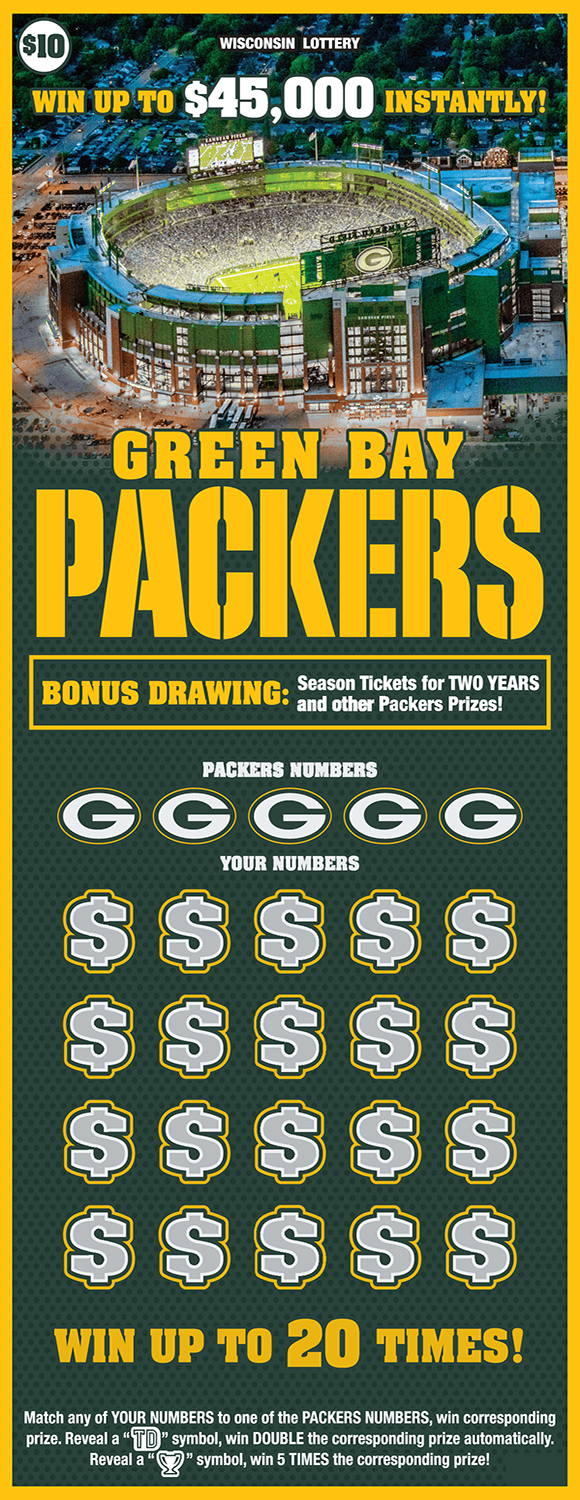 Green Bay Packers Scratch Game image of scratch ticket with green background and an image of lambeau field from above on scratch ticket from wisconsin lottery