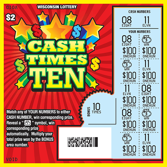 Cash Times Ten Scratch Game image of ticket with red background and multicolored stars and scratched play area revealing blue play area on scratch ticket from wisconsin lottery