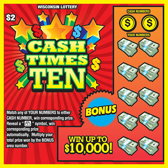 Cash Times Ten Scratch Game image of ticket with red background and multicolored stars and dollar bills in the play area covering the winning numbers on scratch ticket from wisconsin lottery