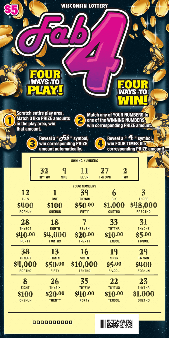 Fab 4 Scratch Game Fab 4 ticket that has a black background with gold coins. Play area with purple circles and dollar bills.