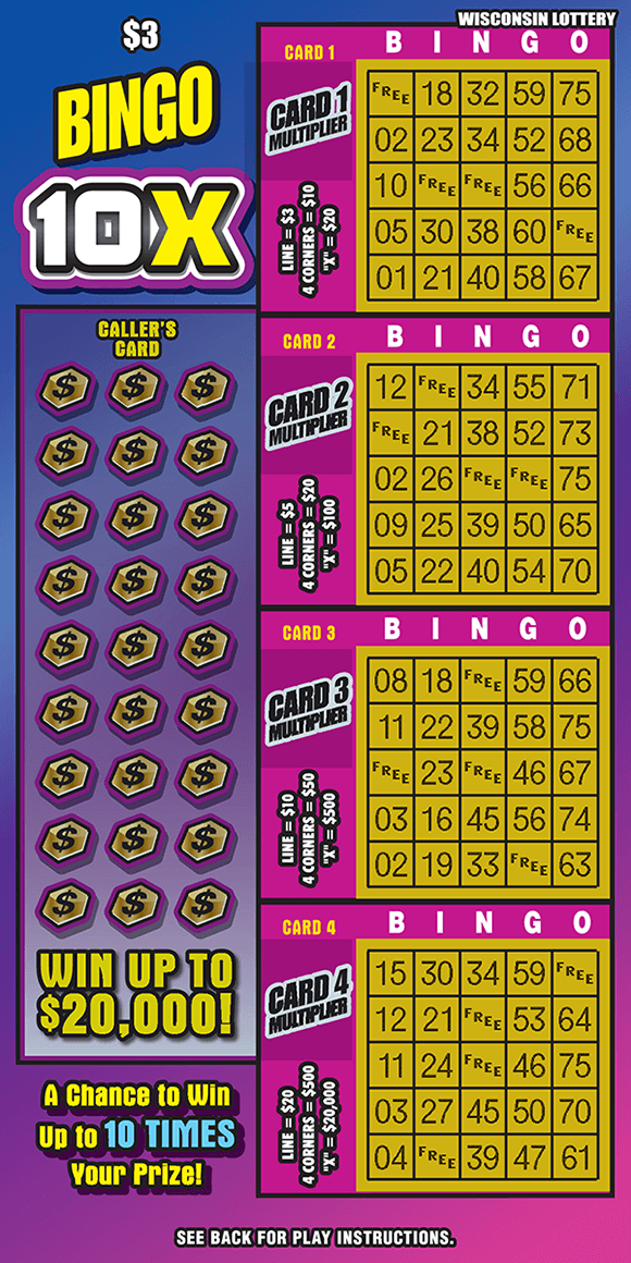 image of ticket with a pink and blue ombre background and four different yellow play area grids on scratch ticket from wisconsin lottery 