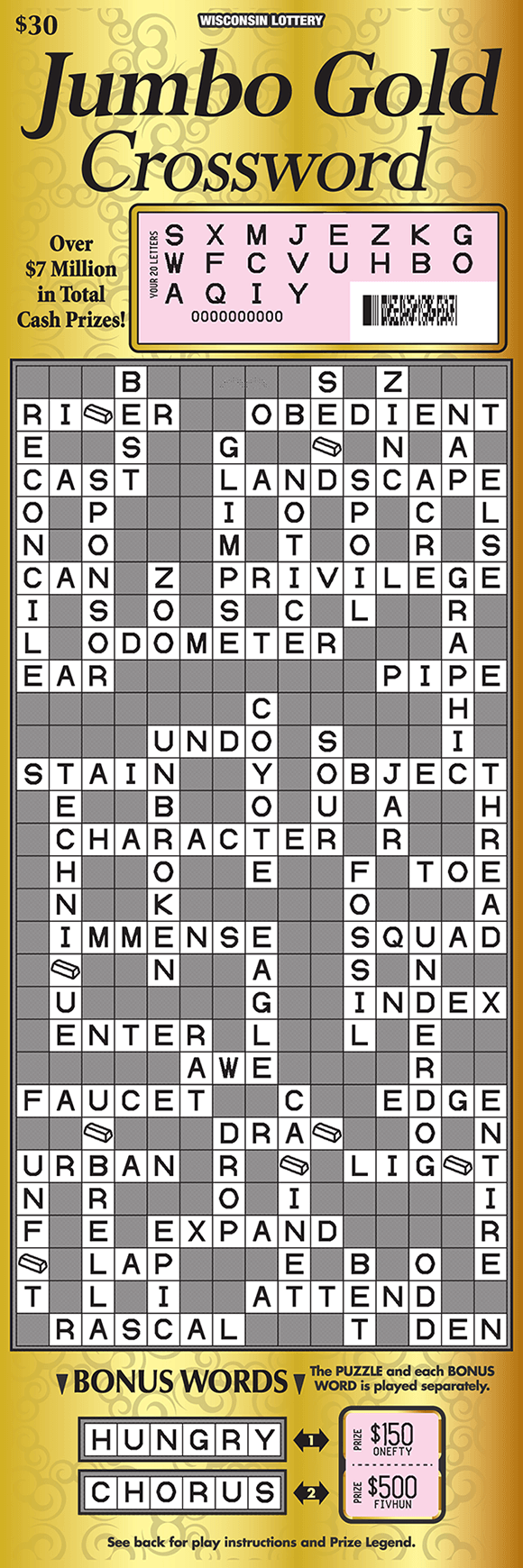 Jumbo Gold Crossword Scratch Game image of oversized crossword ticket with a solid gold background with a scratched play area revealing a white revealed crossword play area on scratch ticket from wisconsin lottery