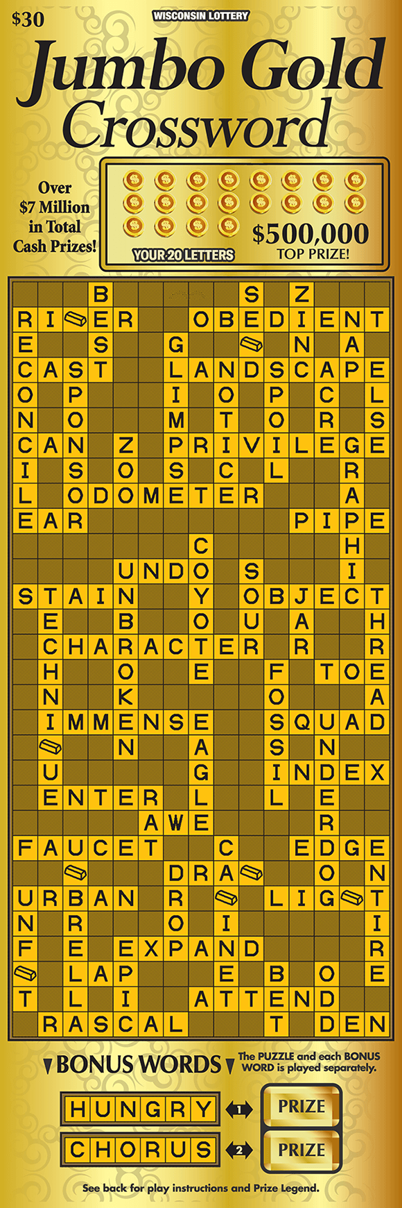 Jumbo Gold Crossword Scratch Game image of oversized crossword ticket with a solid gold background with a lighter gold crossword play area on scratch ticket from wisconsin lottery