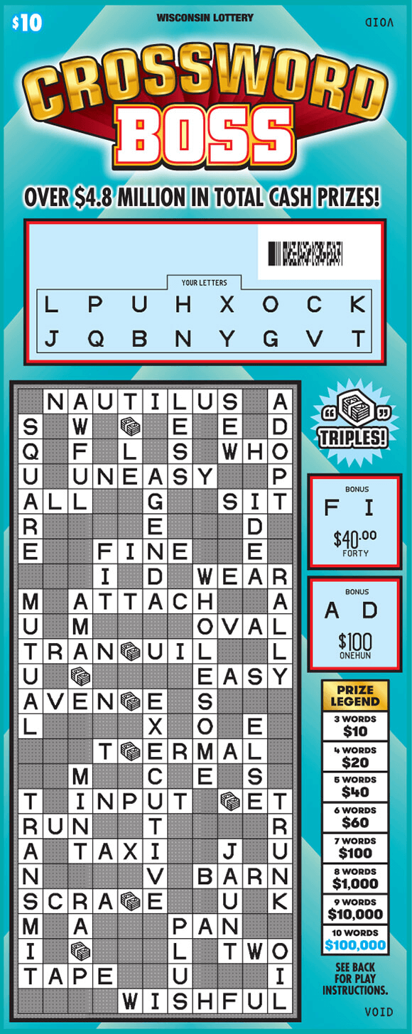 Crossword Boss Scratch Game image of crossword ticket with a light blue background and one crossword containing dollar bill stack symbols on scratch ticket from wisconsin lottery