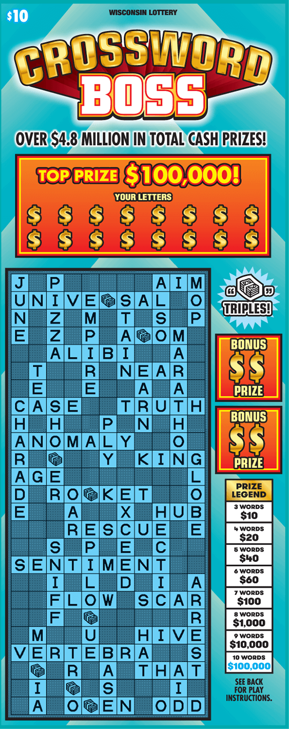 image of crossword ticket with a light blue background and one crossword containing dollar bill stack symbols on scratch ticket from wisconsin lottery  