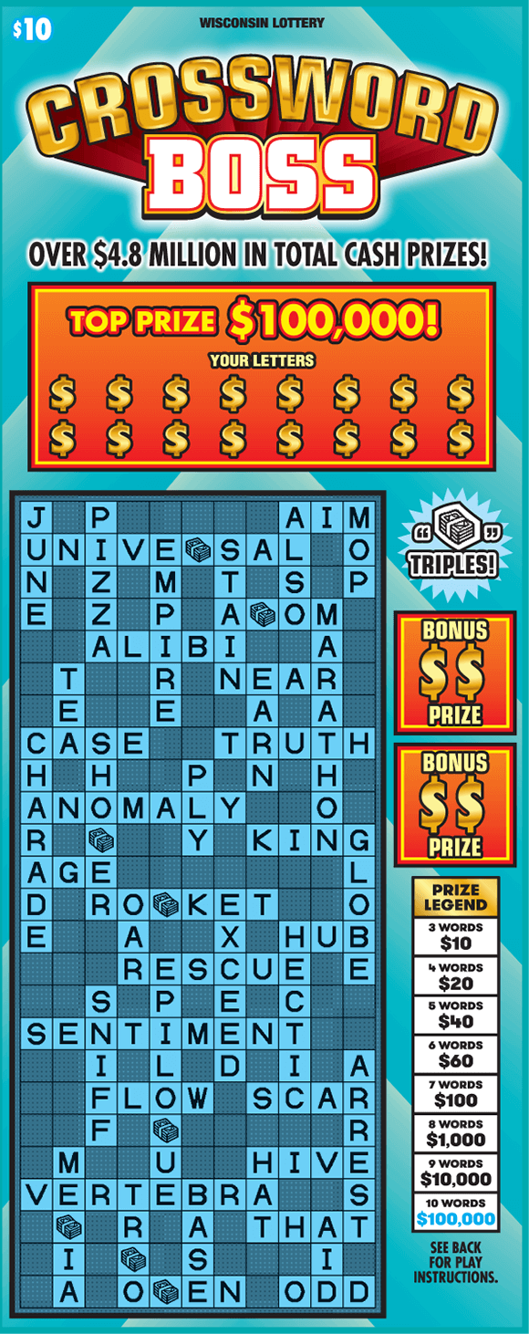 Crossword Boss Scratch Game image of crossword ticket with a light blue background and one crossword containing dollar bill stack symbols on scratch ticket from wisconsin lottery