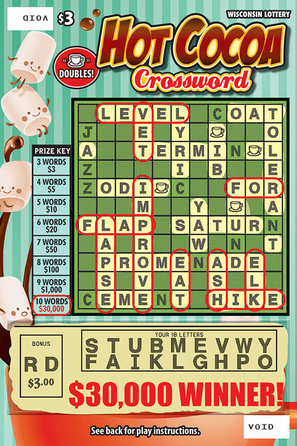 Hot Cocoa Crossword Scratch Game image of ticket with a cup of hot cocoa in the background with marshmallow men stacked up on the side of the ticket with a green crossword area on scratch ticket from wisconsin lottery